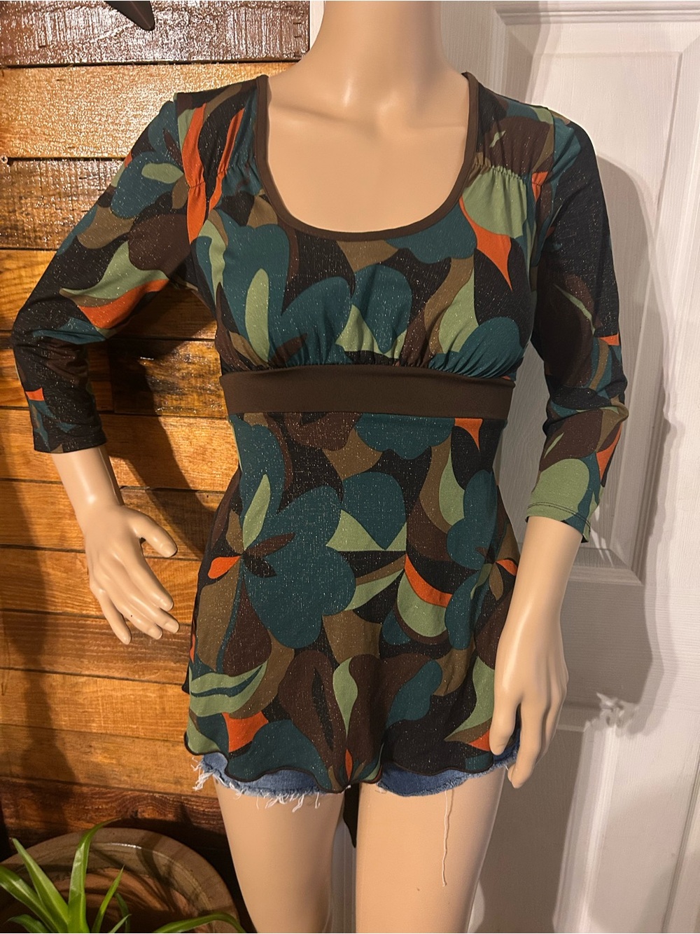 Y2K Scoop-Neck Floral Empire Tunic in Teal, Olive & Rust